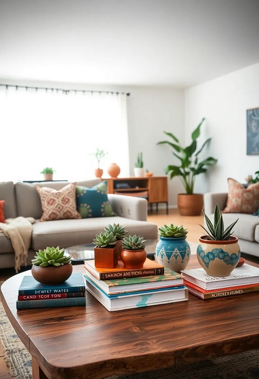A Boho Inspired Coffee Table Scene with Stacked Books, Potted Succulents, and Colorful Artisan Ceramics
