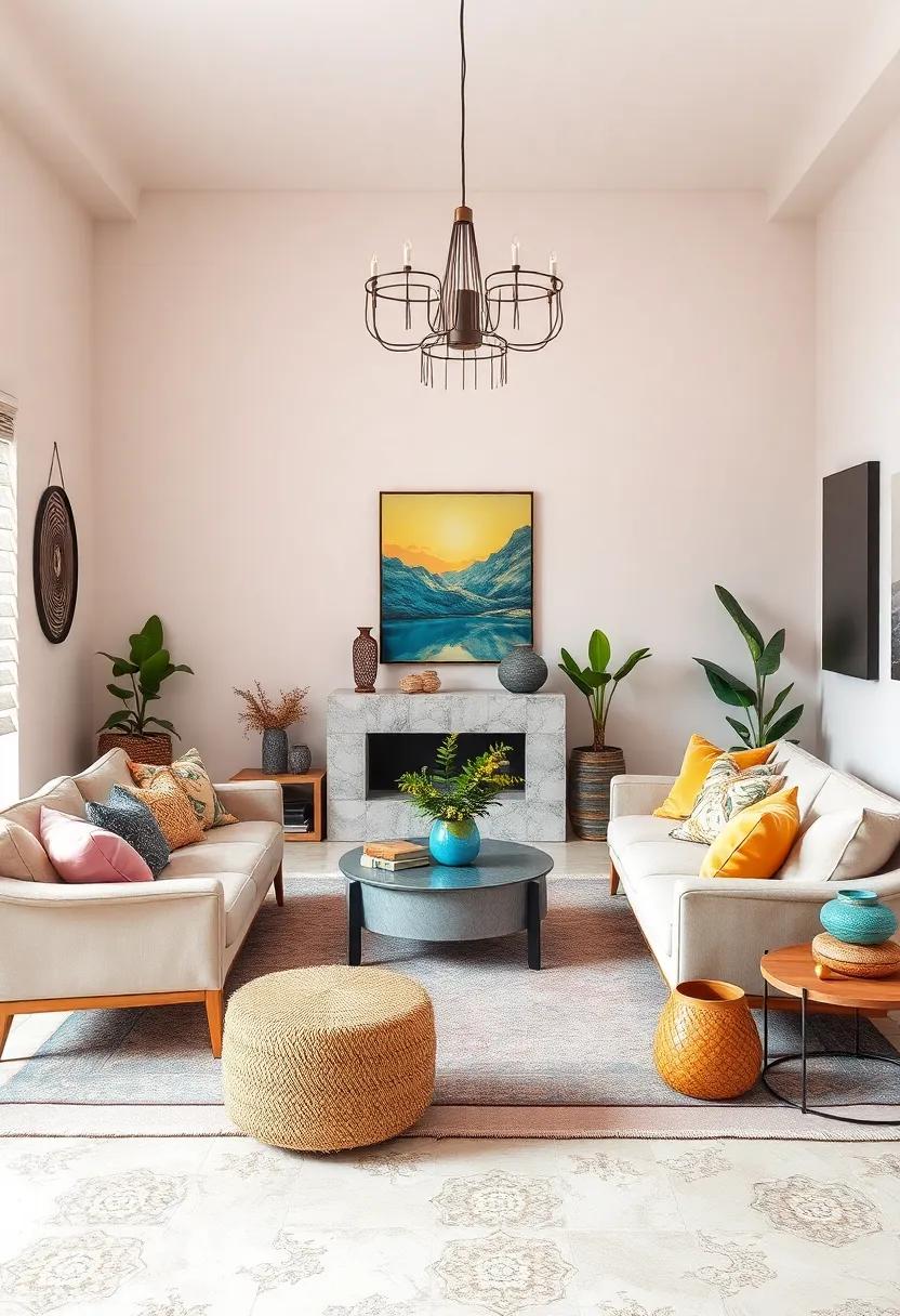 Soft Pastel Colors Interspersed with Bright Jewel Tones Infuse Life and Balance Into an Eclectic Boho Living Room