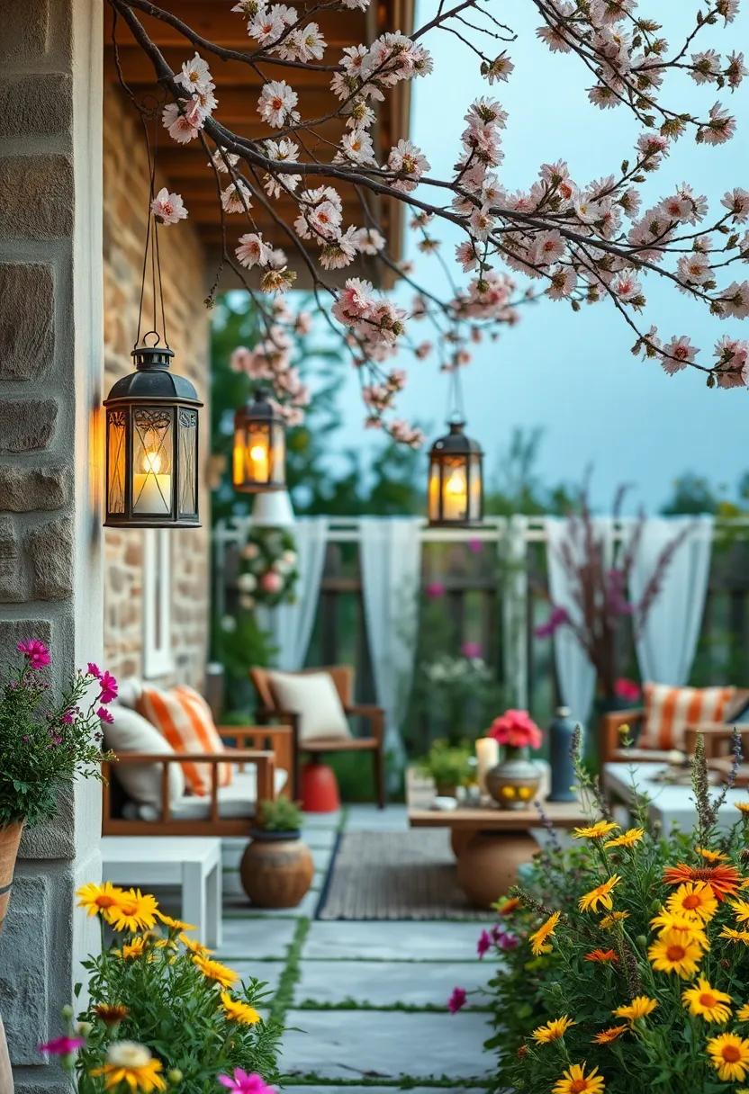 Vintage Lanterns Hanging From Flowering Branches Casting Warm Glows Over a Cottagecore-Inspired Wildflower Realm
