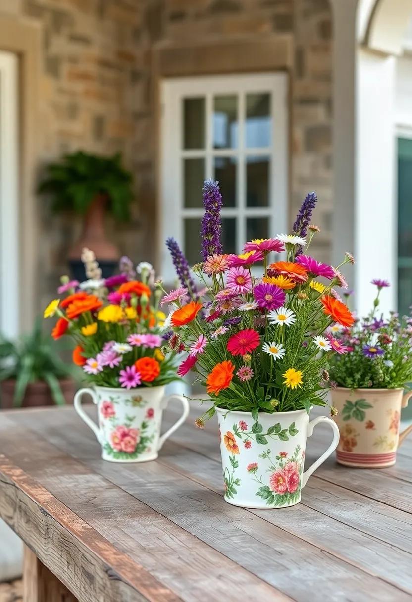 Vintage Floral Teacups Used as Planters Brimming With Fresh Wildflowers Against a Weathered Farm Table Scene