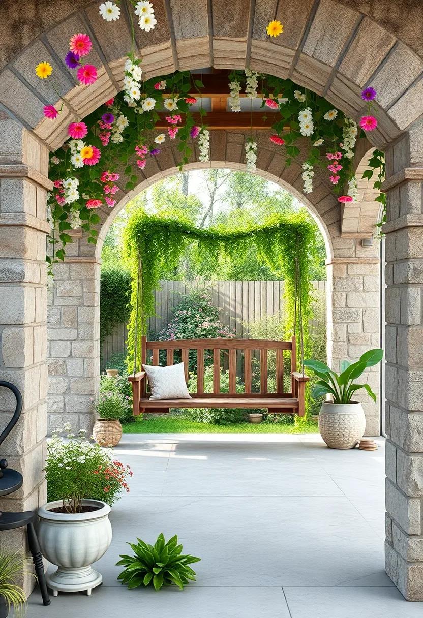 An Enchanting Wildflower Archway Framing a Wooden Garden Swing Dripping With Ivy in a Secluded Cottage Area
