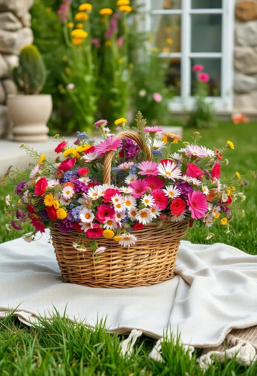 A Basket Overflowing With Freshly Picked Wildflower Bouquets Resting on a Handwoven Linen Blanket in Garden Grass