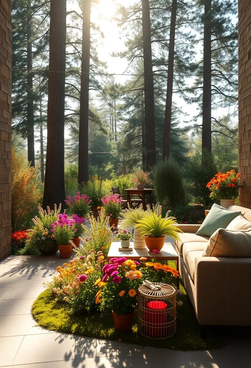 Sunlight Filtering Through Tall Trees Illuminating a Vibrant Patch of Wildflowers and Vintage Garden Decor