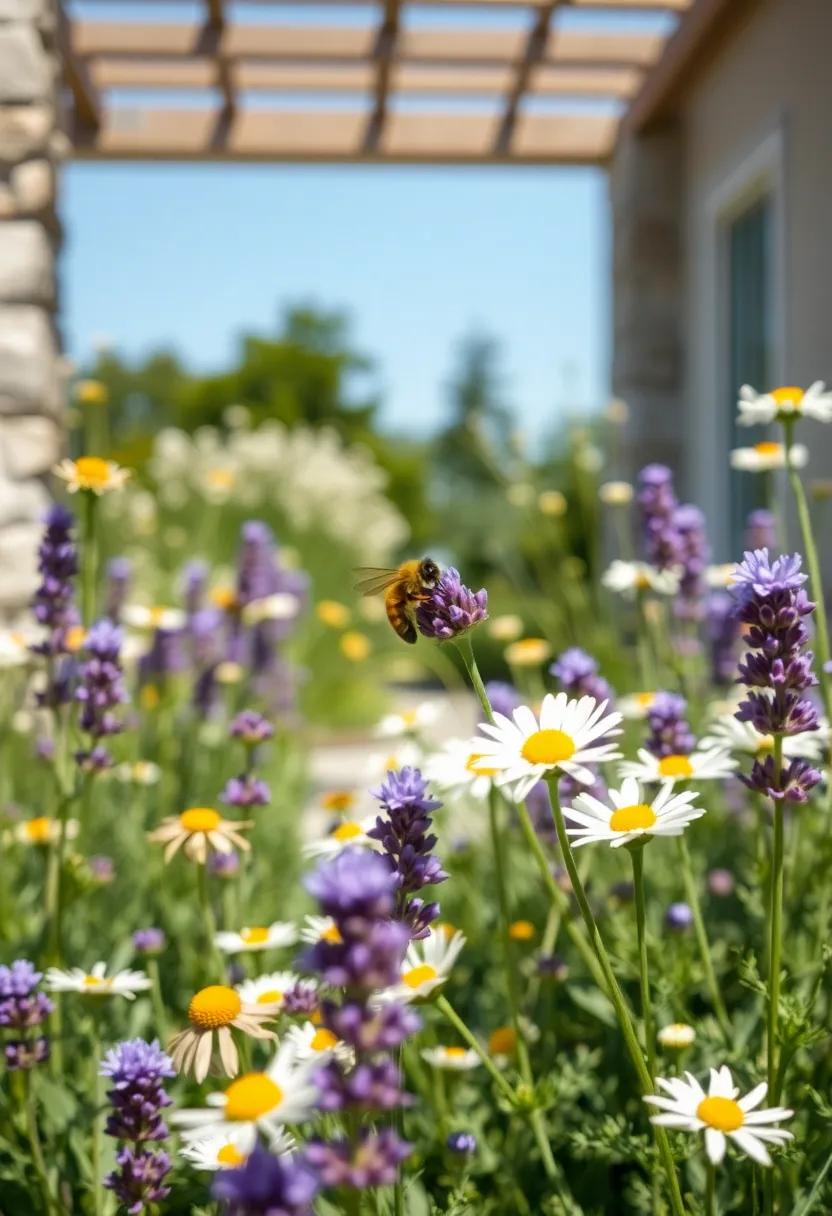 Focus on a Single Bee Pollinating a Cluster of Lavender and Daisies in a Quiet, Sunlit Wildflower Grove