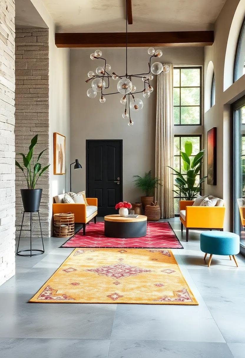 Contrasting Rug Styles Against Minimalist Backdrops To Amplify Entryway Drama