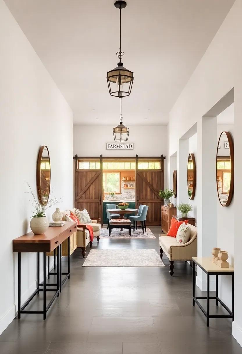 Open Concept Hallway Leading to a Rustic Kitchen Featuring Barn Doors and Farmstead Signage