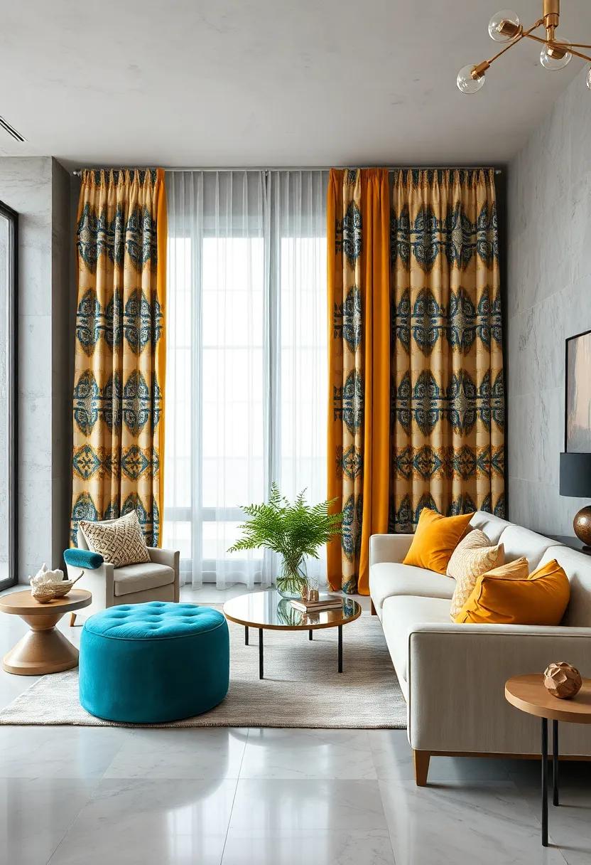 Bold Geometric Prints on Luxurious Velvet Curtains Bringing a Contemporary Edge to a Classic Living Area
