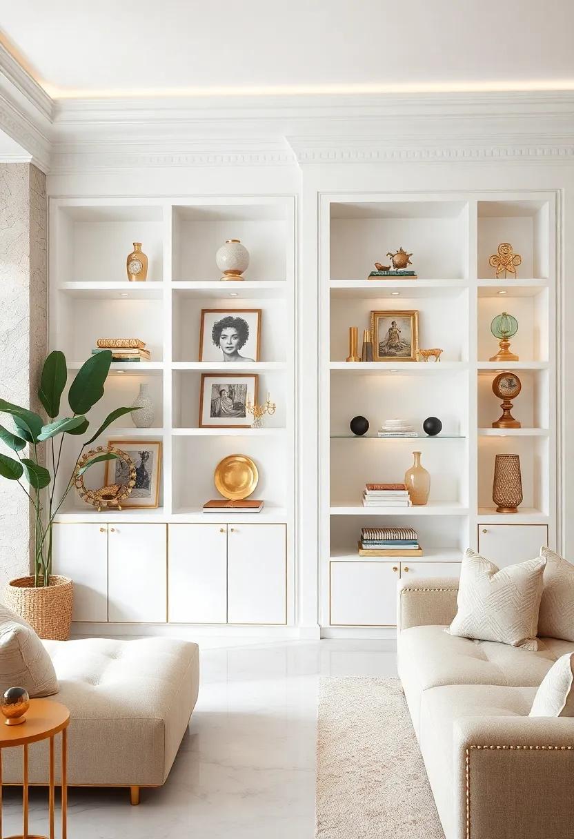 White Shelving Units Adorned With Gold Trim Showcasing Statement Decor Pieces