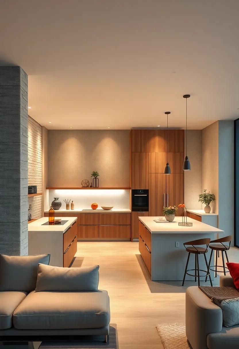 Soft Ambient Lighting Stylishly Framing Minimalist Kitchen Islands
