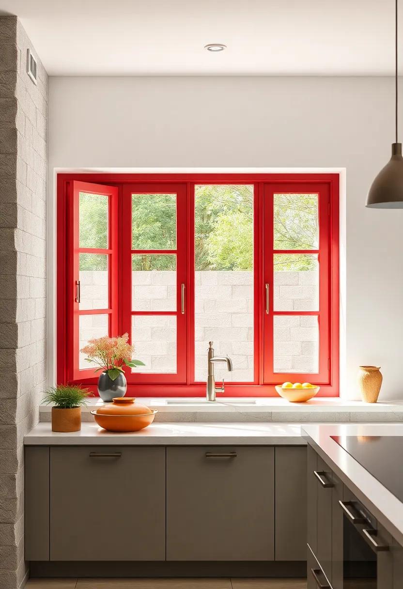 Contrasting Bold Colored Window Frames Against Neutral Kitchen Backdrops to Define Design Identity