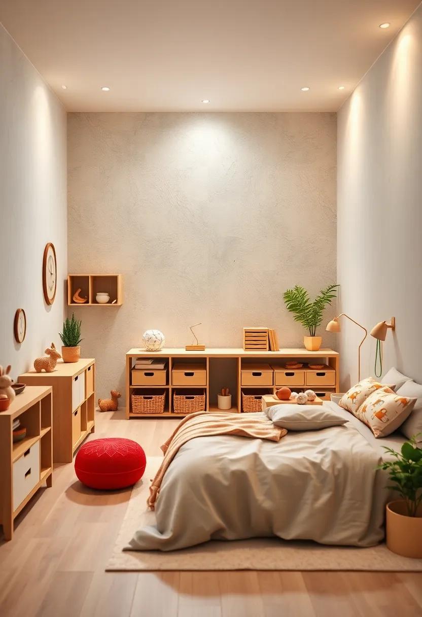 Calm Ambiance Created By Soft Ambient Lighting Highlighting Organized Montessori Storage Solutions
