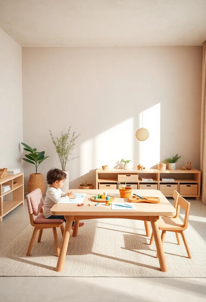 Elegant Montessori Work Table Featuring Hands-On Activities Set In A Room With Soft Beige Walls And Natural Light