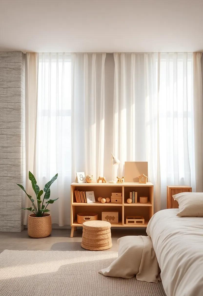Gentle Natural Light Filtering Through Sheer Curtains On A Simple Wooden Shelf Filled With Montessori Materials