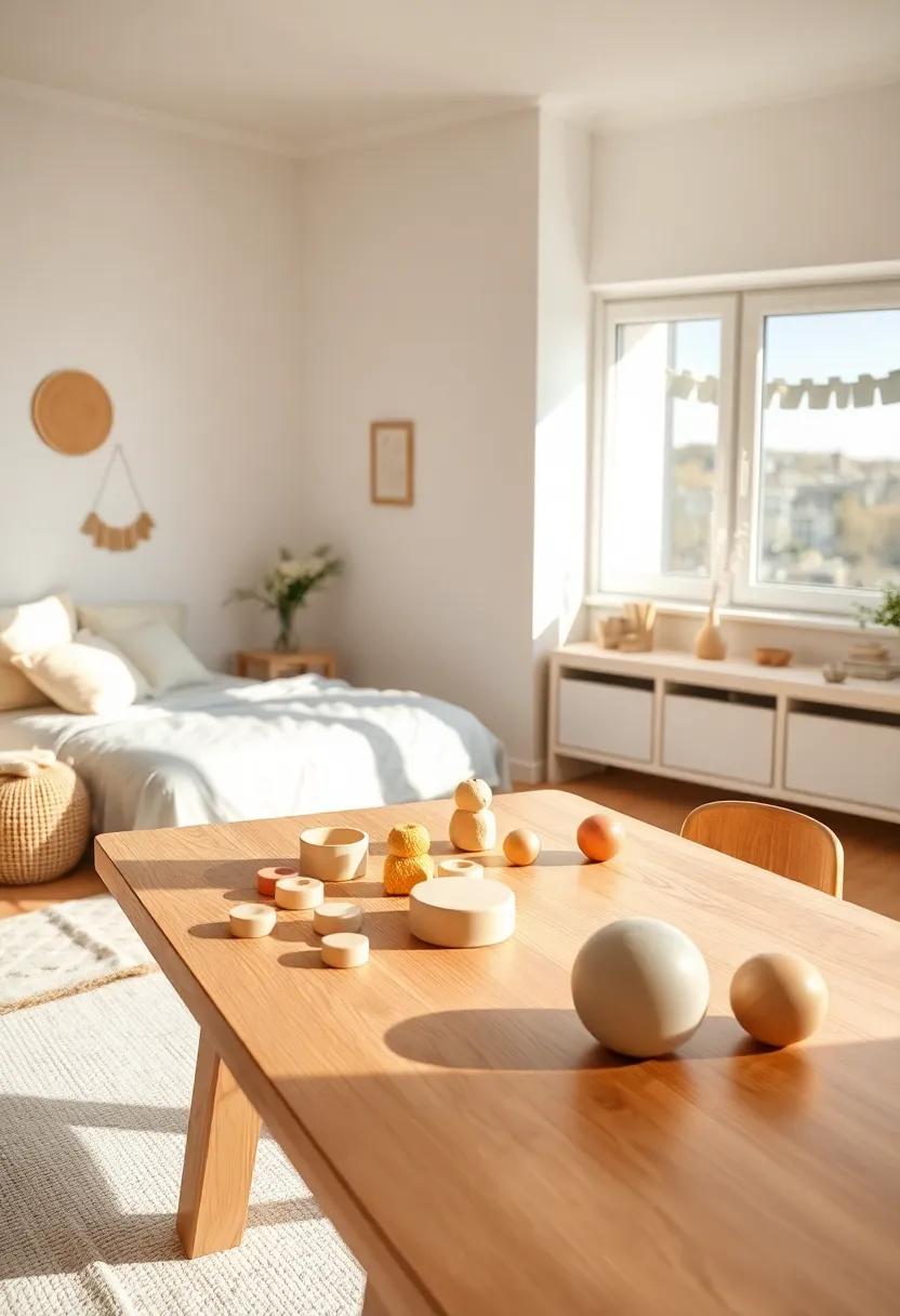 Pastel Wooden Sorting Toys Laid Out Neatly On A Smooth Wooden Table Bathed In Warm Afternoon Light