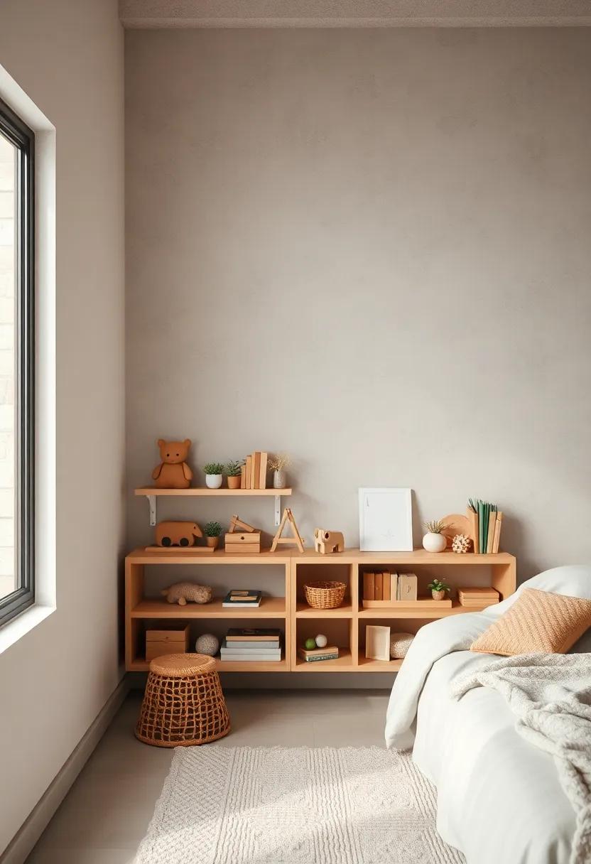 Peaceful Corner Featuring Low Wooden Shelves And Neatly Organized Educational Tools In Soft Earth Tones