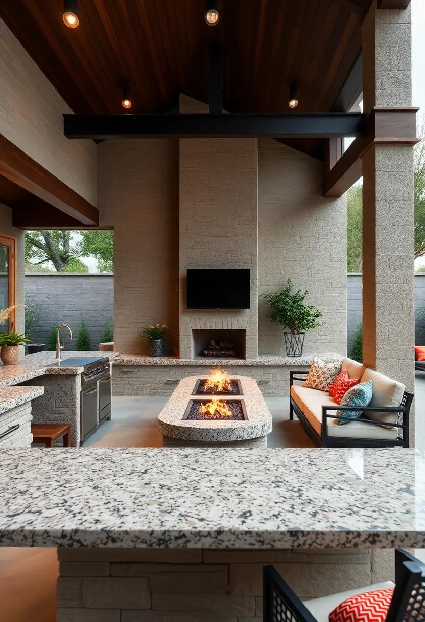 Express the Warmth of Earth-toned Granite Countertops Complementing Cozy Firepit Seating Areas