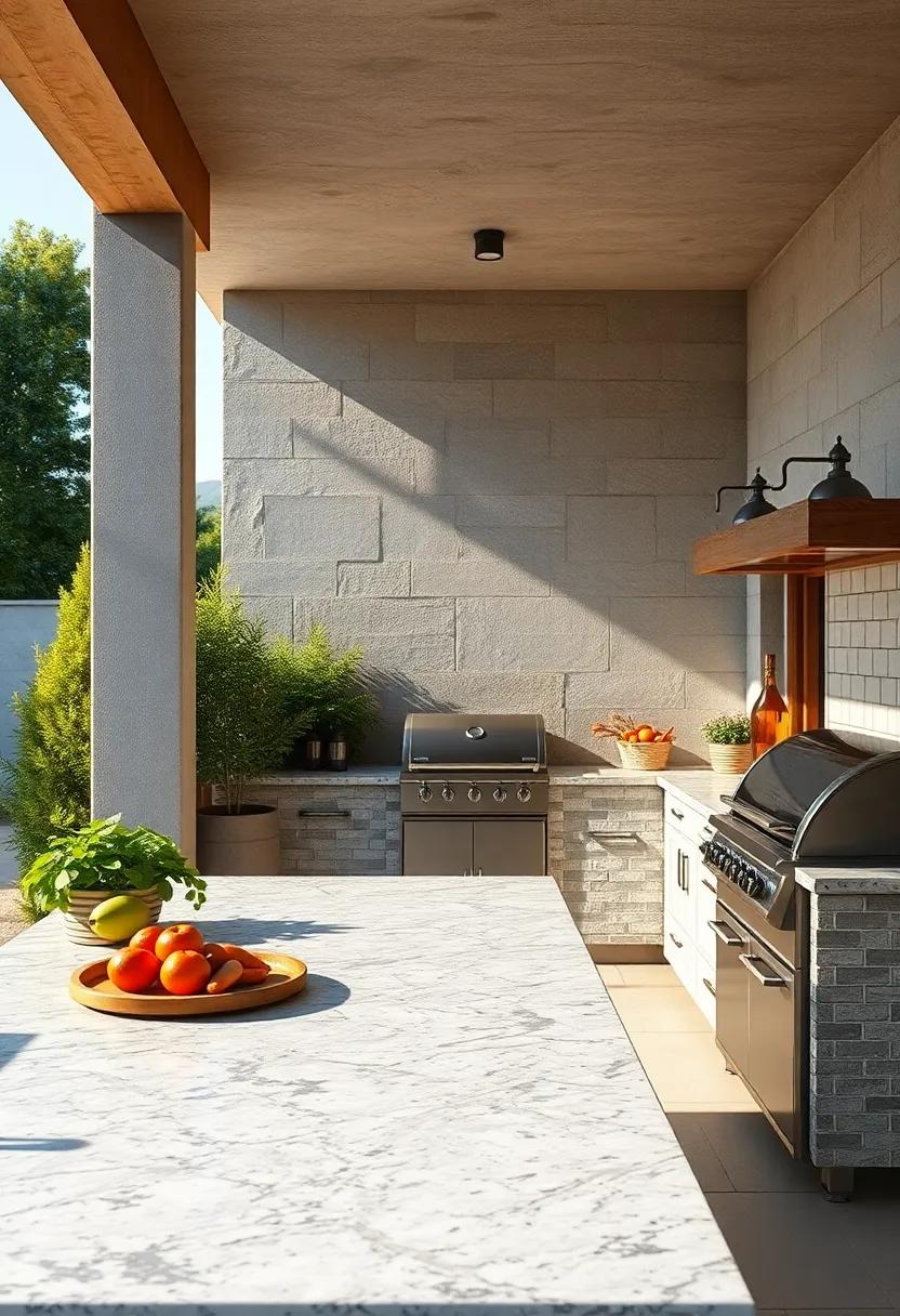 Visualize a Sunlit Morning Scene With Granite Benches and Fresh Ingredients Ready for Grilling