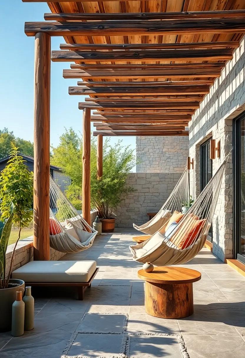 The Calm Ambiance of Soft Hammocks Strung Between Wooden Posts on a Stony Terrace