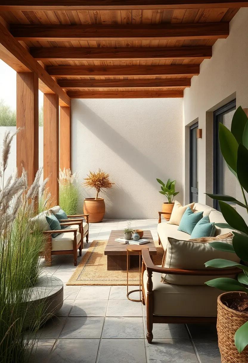 A Gentle Breeze Moving Through Tall Grasses Borders a Patio Made from Rustic Wood and Stone