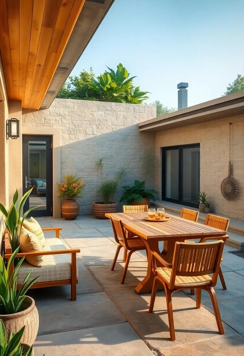 An Inviting Outdoor Dining Space Set on Stone Slabs with Warm Wooden Table and Chairs