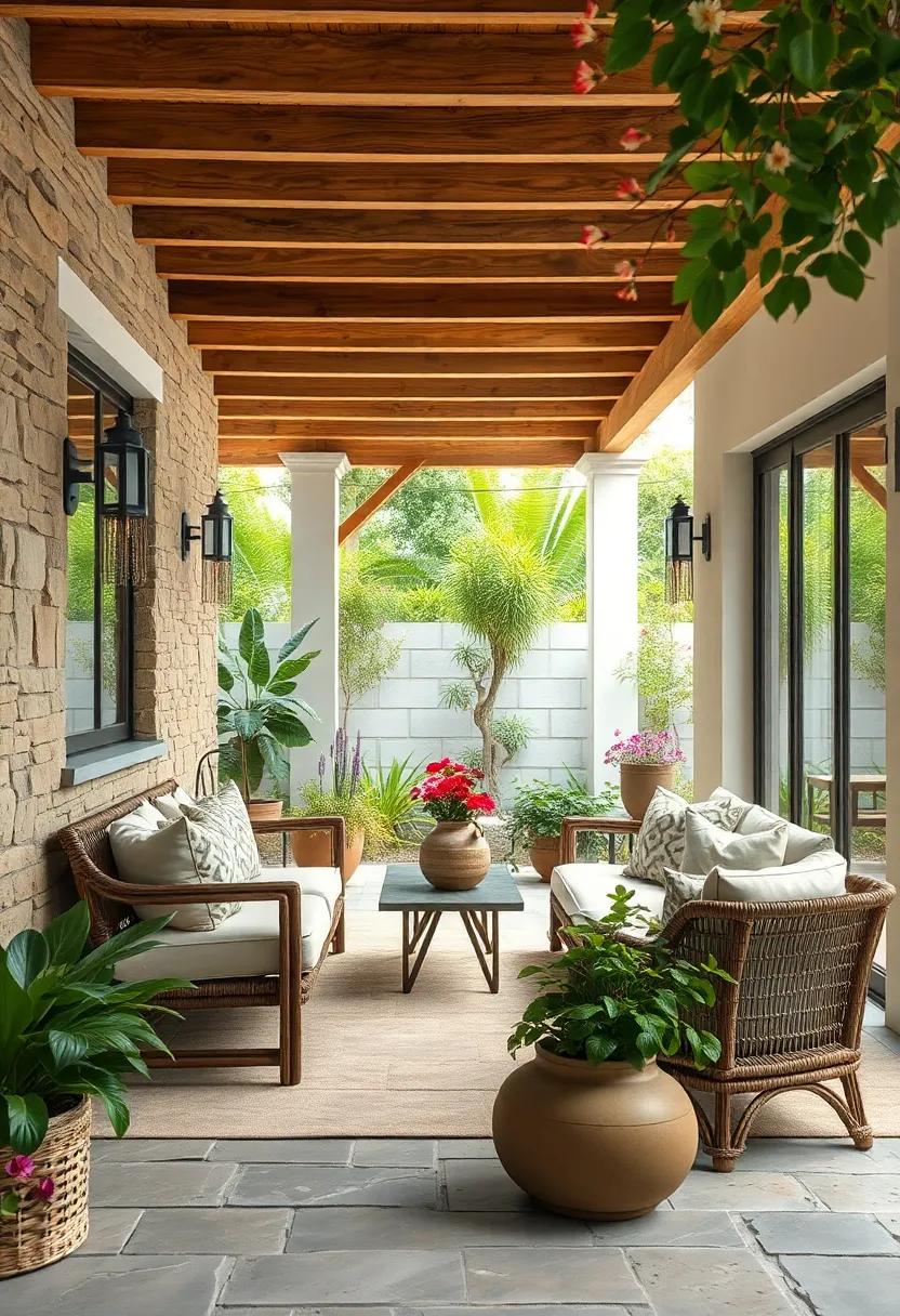 A Rustic Wood and Stone Patio Nestled Among Lush Greenery and Blooming Flowers