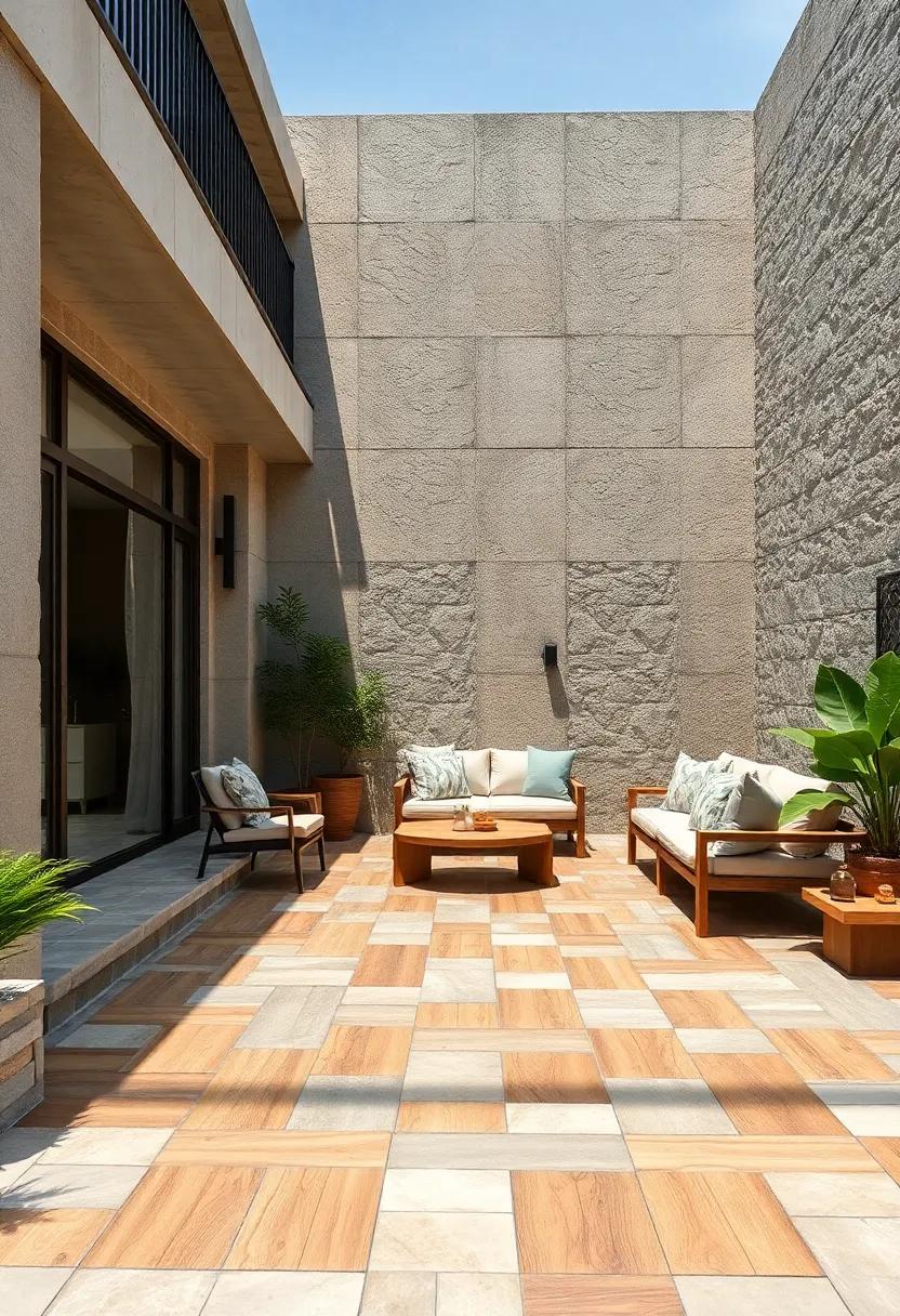 Stone Mosaic Patterns Interlaced with Wooden Inlays Creating a Unique Outdoor Canvas