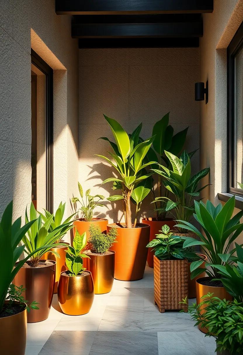 Bold Use of Metallic Containers Highlighting Contrasts and Reflections in Small Green Corners