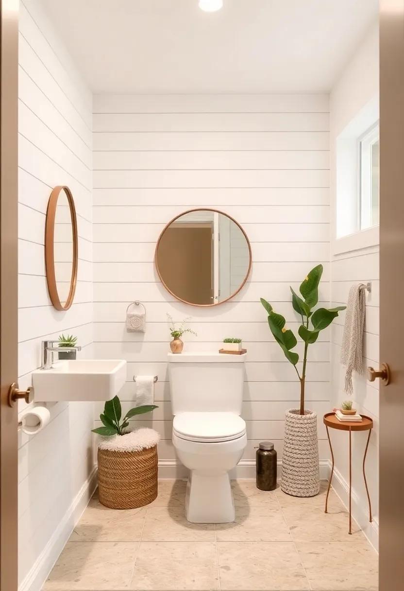 Elevate Your Powder Room with Classic White Shiplap Walls and Soft Ambient Lighting Creating a Serene Space