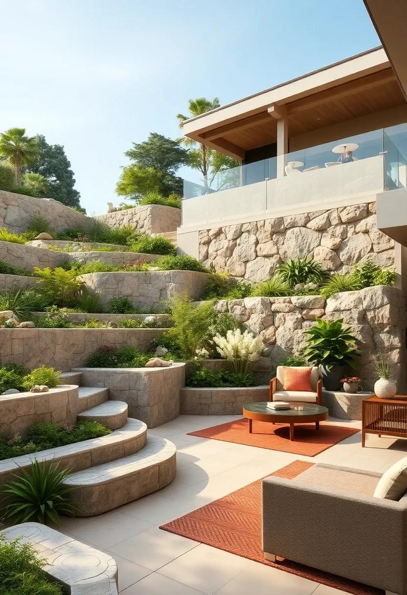 Elevated Terraces Embracing Natural Slopes with Lush Greenery and Rustic Stonework