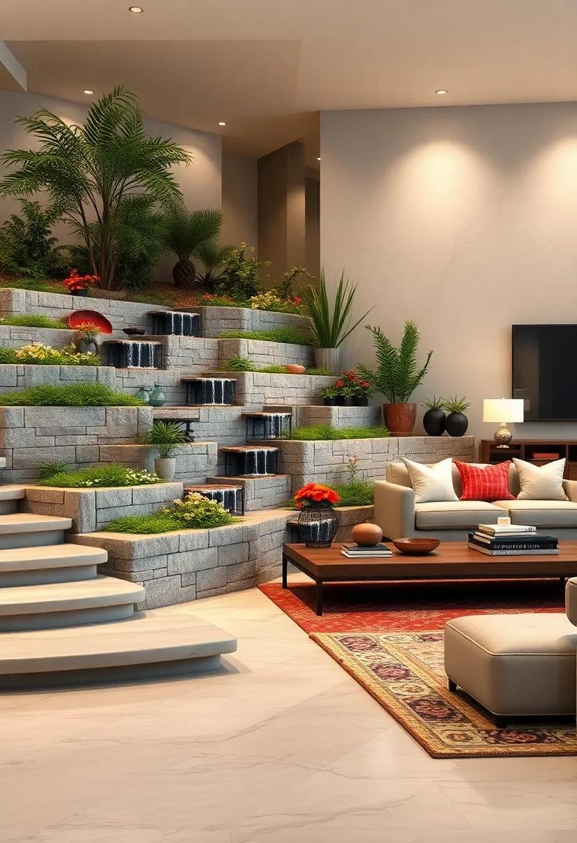 Deeply Tiered Walls Maximizing Usable Space While Inviting Gentle Waterfalls and Mossy Edges