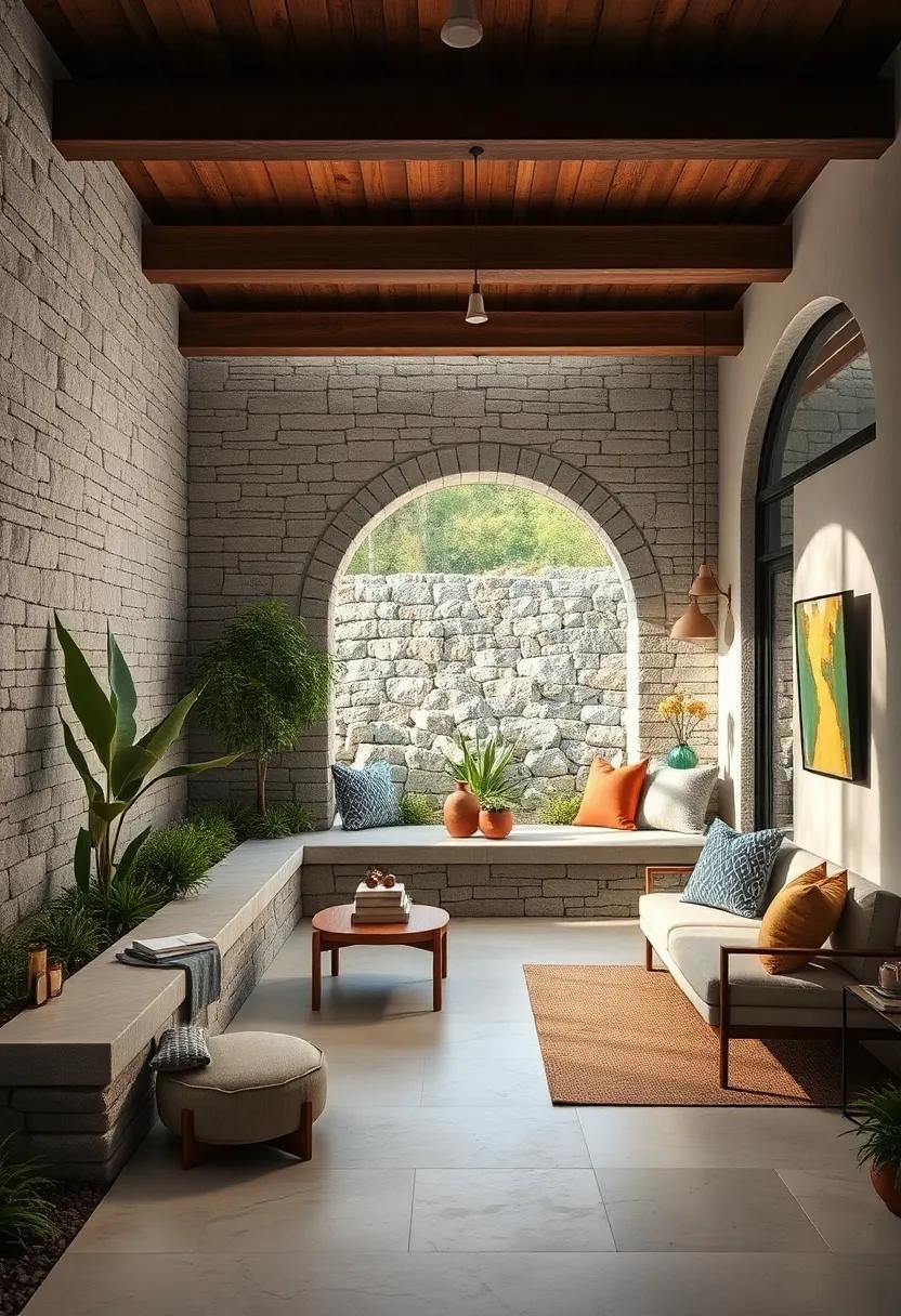 Arched Stone Walls Fostering Private Nooks and Reading Spots Surrounded by Native Flora