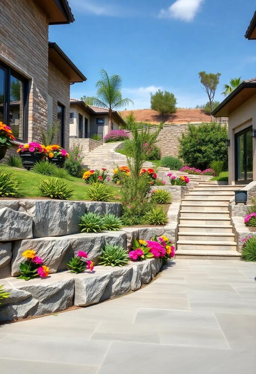 Vibrant Floral Borders Highlighting Textured Stone Walls on Gentle Hillside Fronts