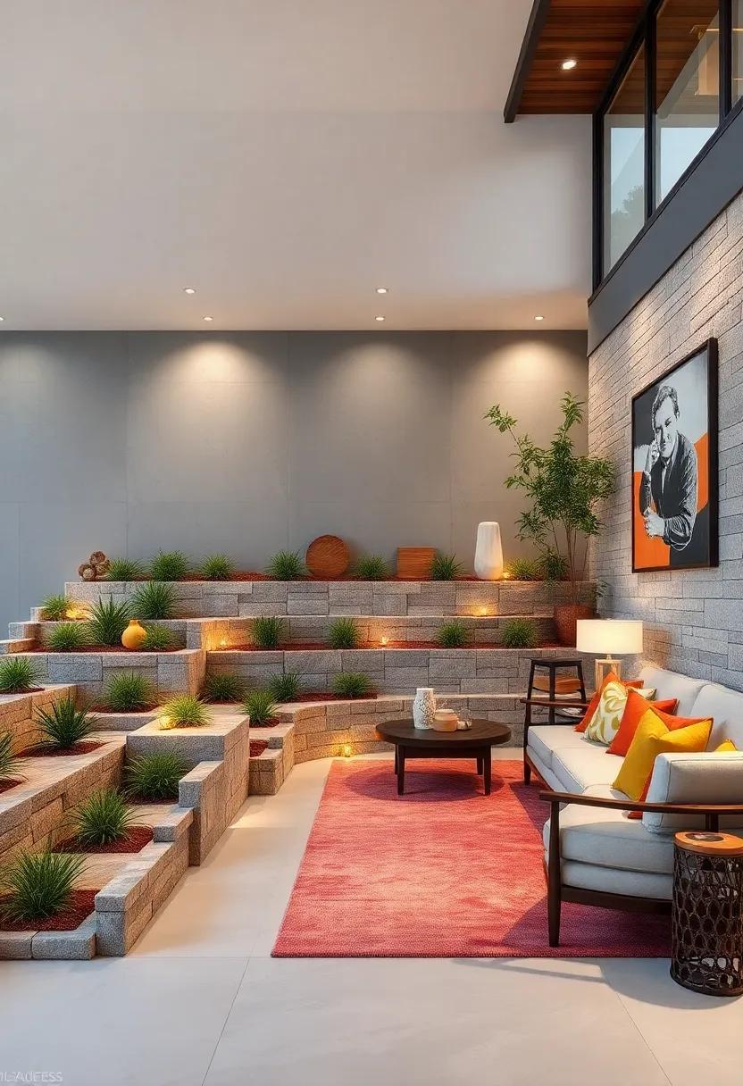Mixed Material Walls with Brick Insets and Decorative Metal Accents Wrapping Slopes Gracefully
