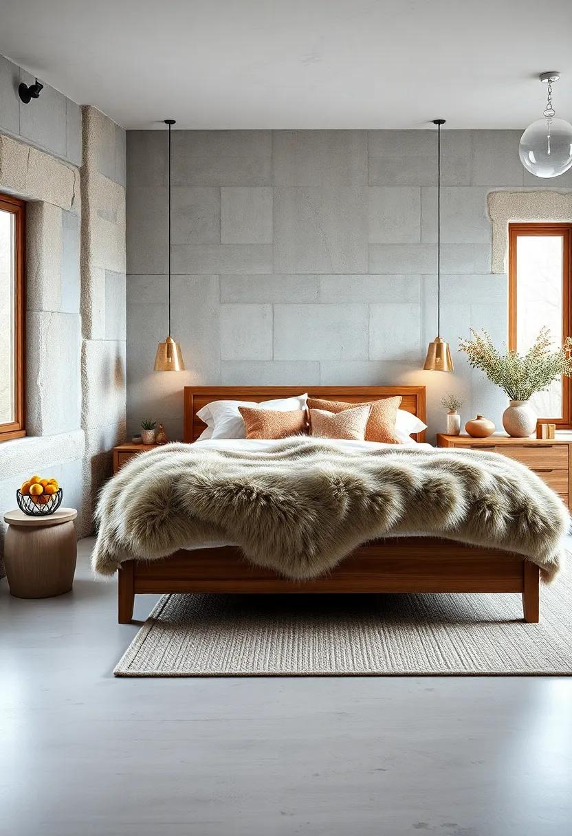The Charm of Faux Fur Accents Draped on a Sleigh Bed With Natural Wood Finishes