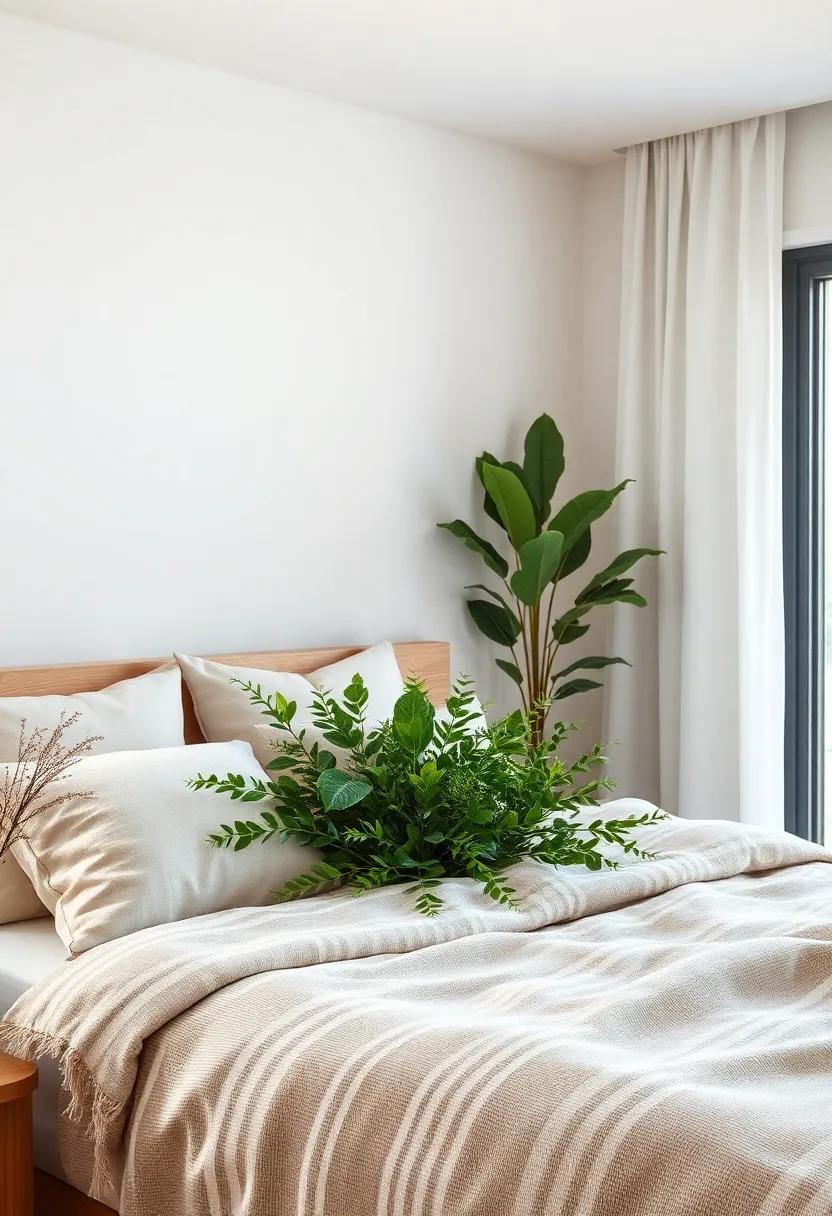 Fresh Greenery Nestled Among Soft Pillows and Light Drapery in a Cozy Nordic Bedroom