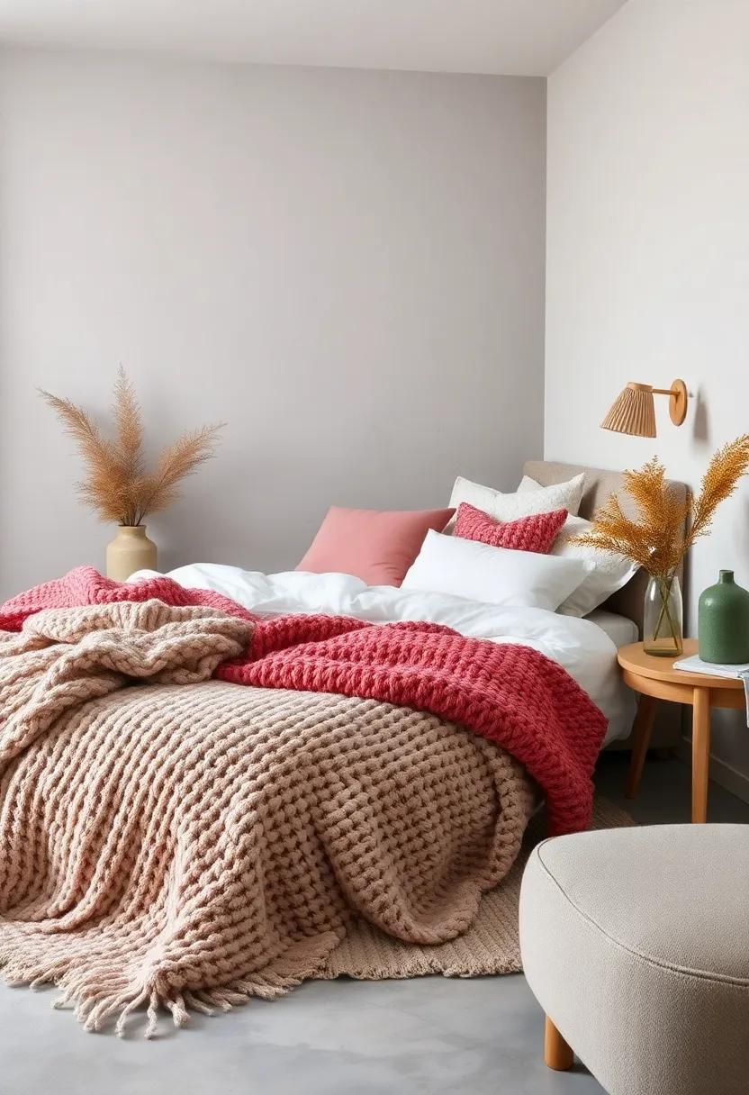 A Relaxed Arrangement of Chunky Knit Blankets on a Scandinavian-Inspired Bed Nook
