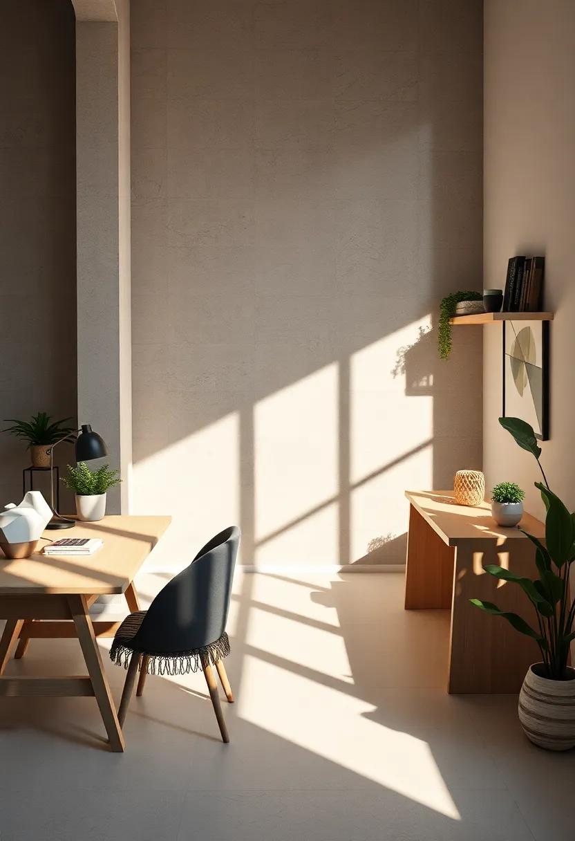 Light and Shadow Play Across Scandinavian Desks Crafted From Light Timber Creating an Inviting Creative Nook