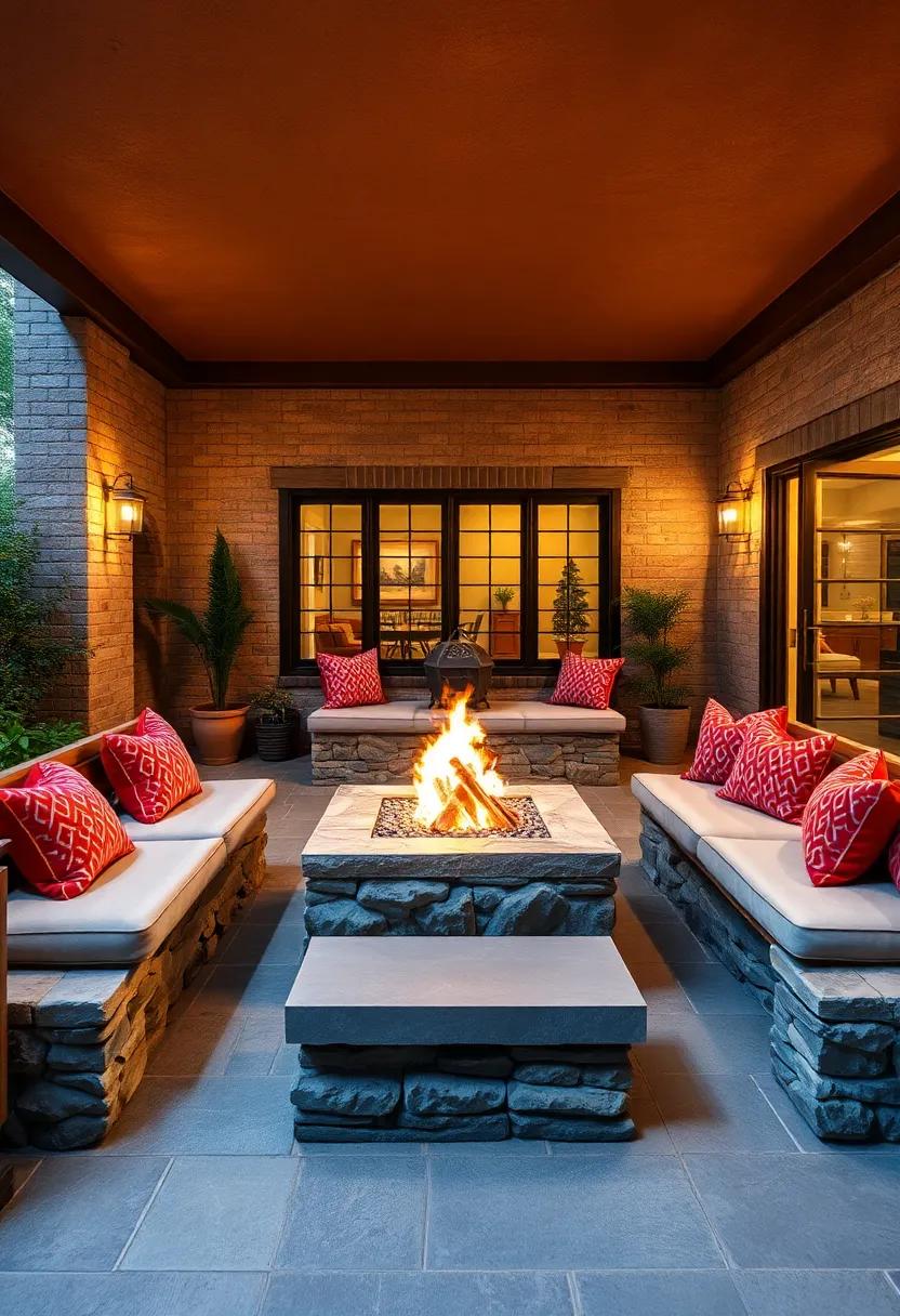 Design A Dynamic Fire Pit Setting Surrounded By Handmade Stone Benches And Soft Cushions