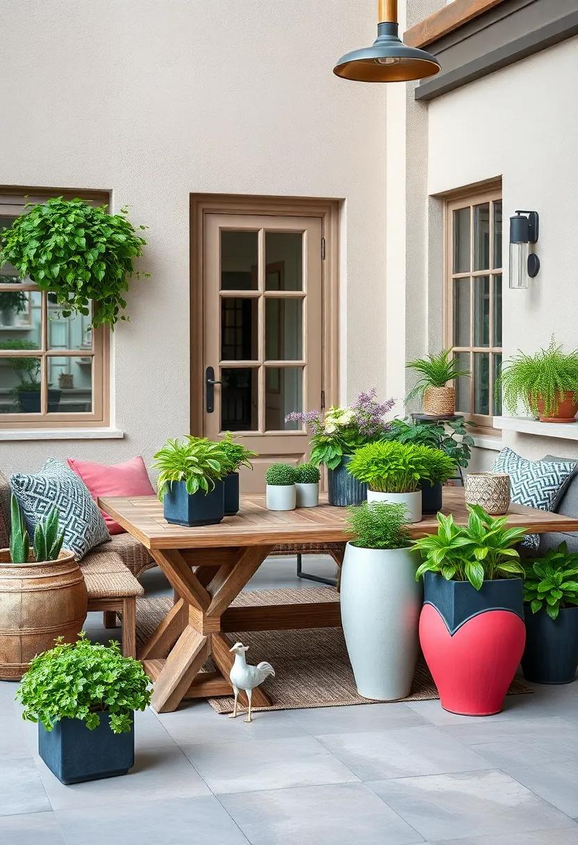 Showcase An Elegant Herb Garden Alongside A Weathered Wooden Table With Hand-Painted Planters