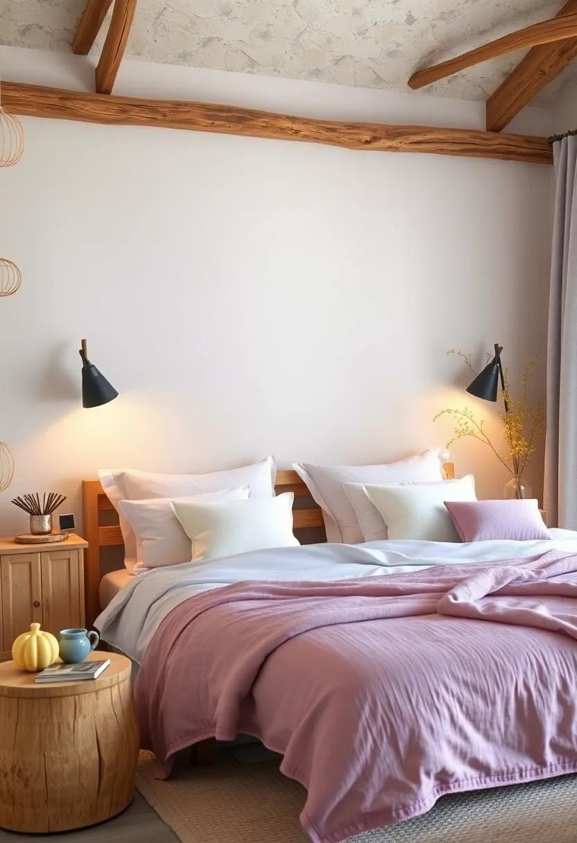 Subtle Driftwood Lamps Casting Warm Glow Over Muted Lavender And Pale Yellow Accents In A Tranquil Beach Bedroom