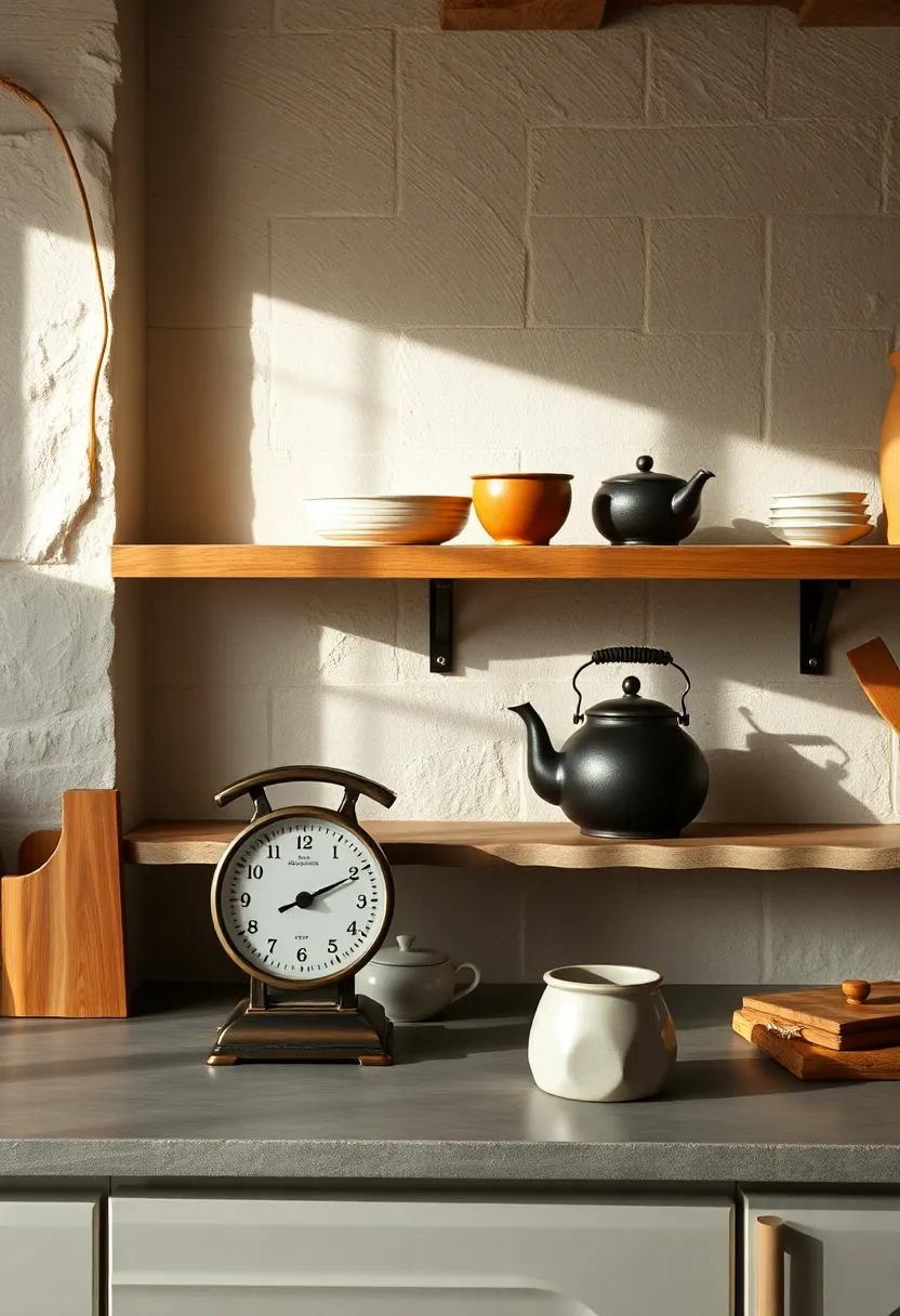 An Antique Scale and Cast Iron Kettles Set on Rough Scalloped Shelves With Natural Light Streaming In