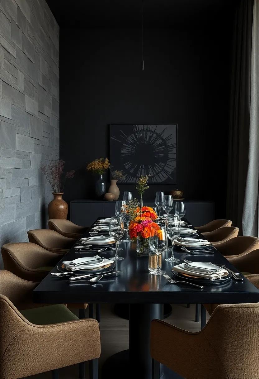 The Contrast of Transparent Crystal Glassware Sparkling Against Matte Backgrounds in a Dark Dining Space