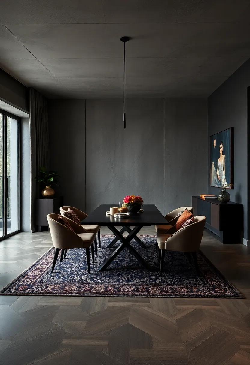 Intricate Geometric Patterns in Dark Rugs Adding Visual Interest and Comfort to Low-Lit Dining Rooms