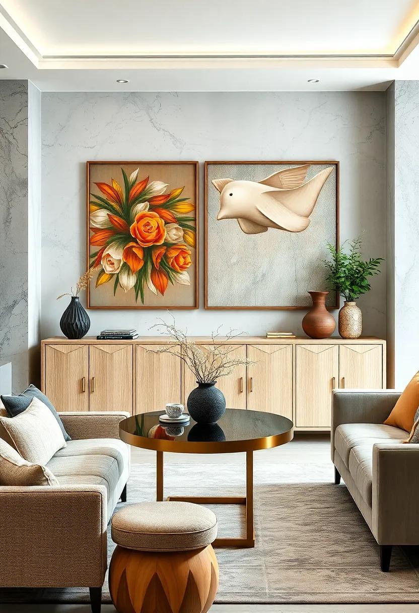 Showcasing Elegant Buffet Sideboards Framed by Artistic Wall Decor in Dining Room Scenes