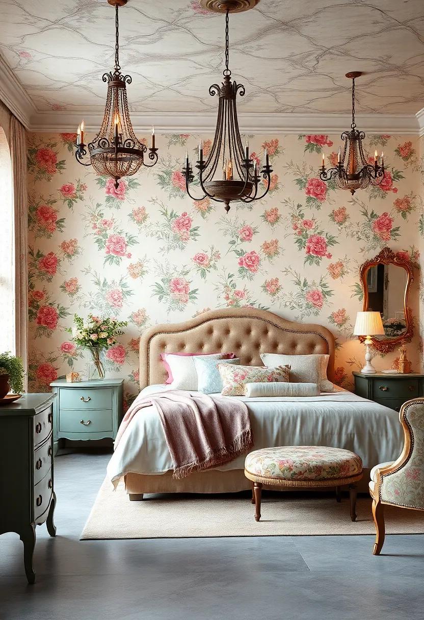 Muted Metallic Tones on Furniture Handles and Fixtures Adding a Touch of Glamour to Vintage Floral Spaces
