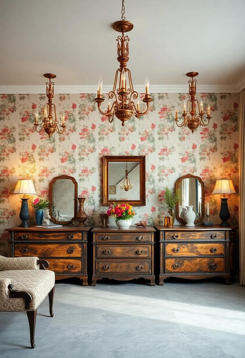 Vintage Wooden Dressers with Aged Patinas Serving as Focal Points Beneath Ornate Chandeliers