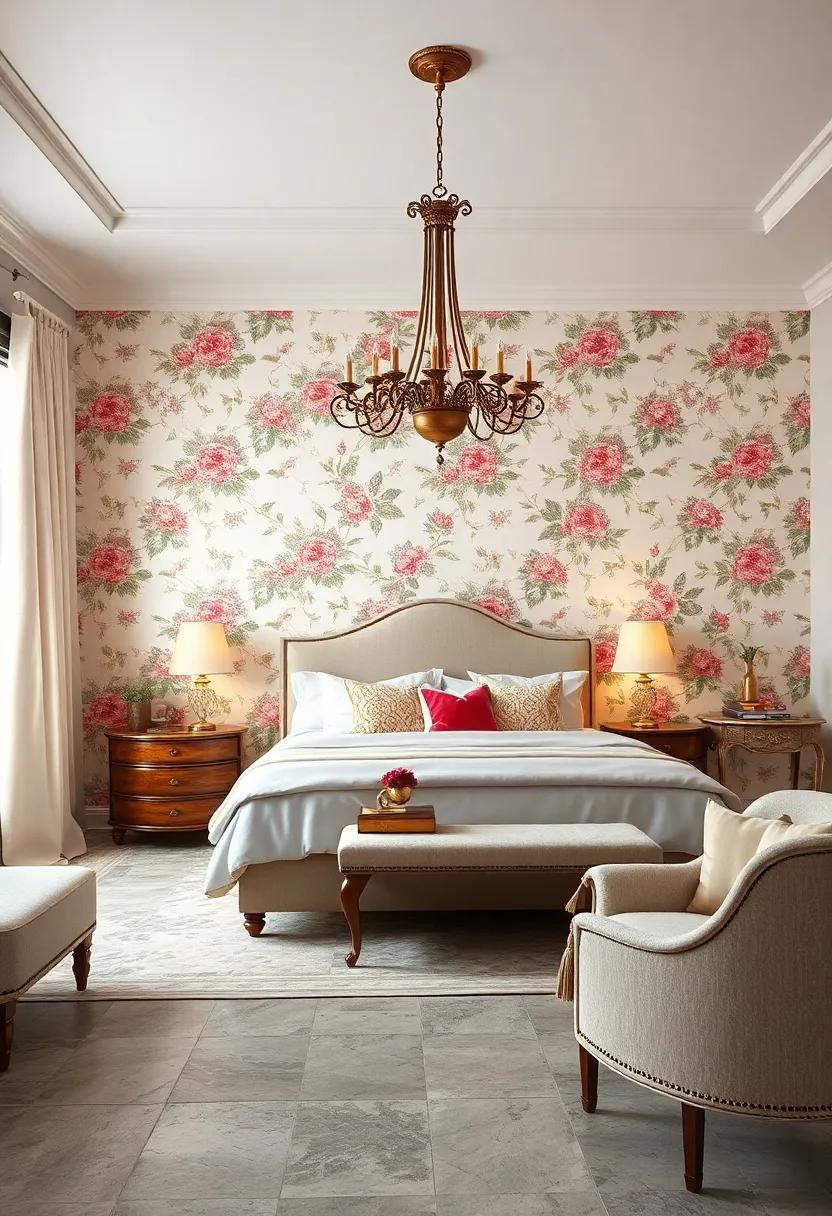 Antique Brass Accents Adding Subtle Metallic Shine to the Floral and Vintage Bedroom Setting