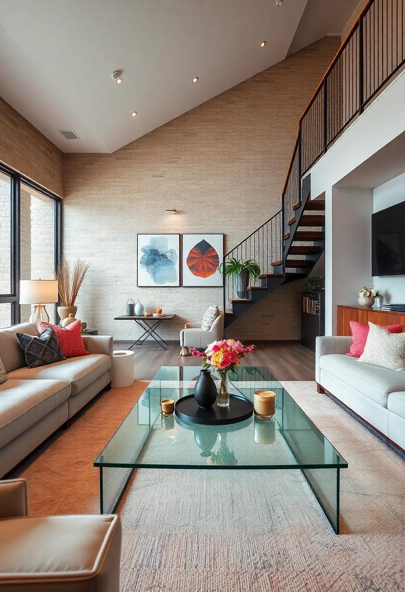 Glass Coffee Tables Reflecting Light and Complementing Chic Modern Decor in an Under-Stairs Living Room