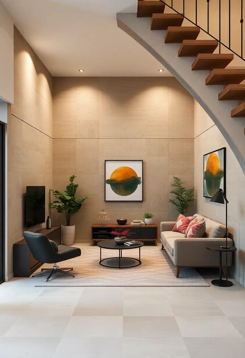 Textured Wall Panels in Warm Earth Tones Creating a Cozy Atmosphere in a Compact Under-Stairs Area
