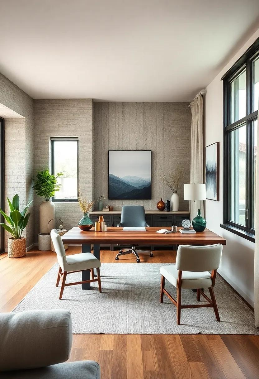Rustic Meets Contemporary Home Office Featuring Smooth Walnut Desk And Clean Architectural Lines